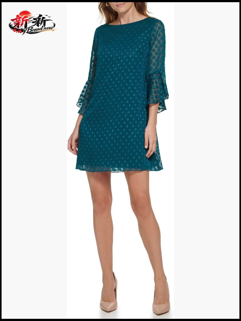 3/4 Sleeve Boat Neck Textured Chiffon Shift Mini Dress